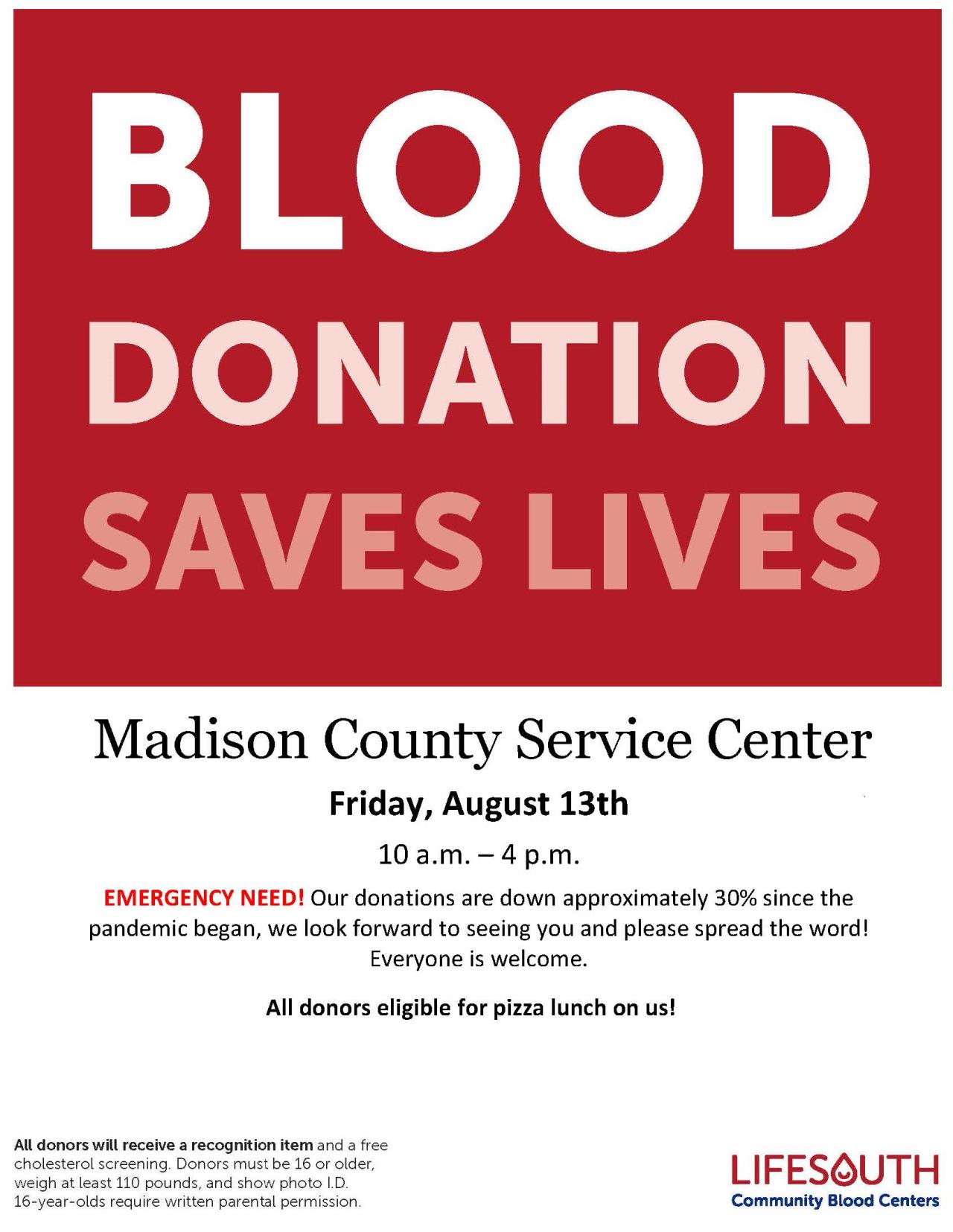 Service Center Blood Drive August 13