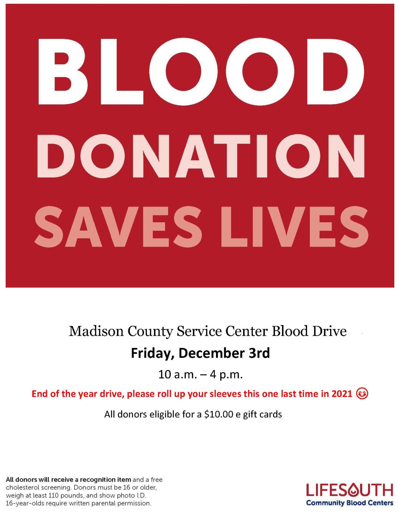 Madison County Service Blood Drive December 3